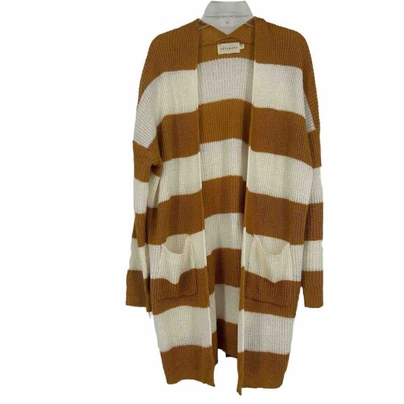 Dreamers Mustard Yellow White Stripe Cardigan Open Front Long Line Slouchy Sz S - Picture 1 of 10